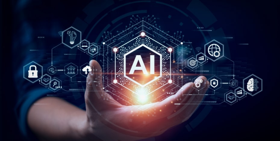 A hand reaches forward holding a graphical representation of AI and some of its uses. 