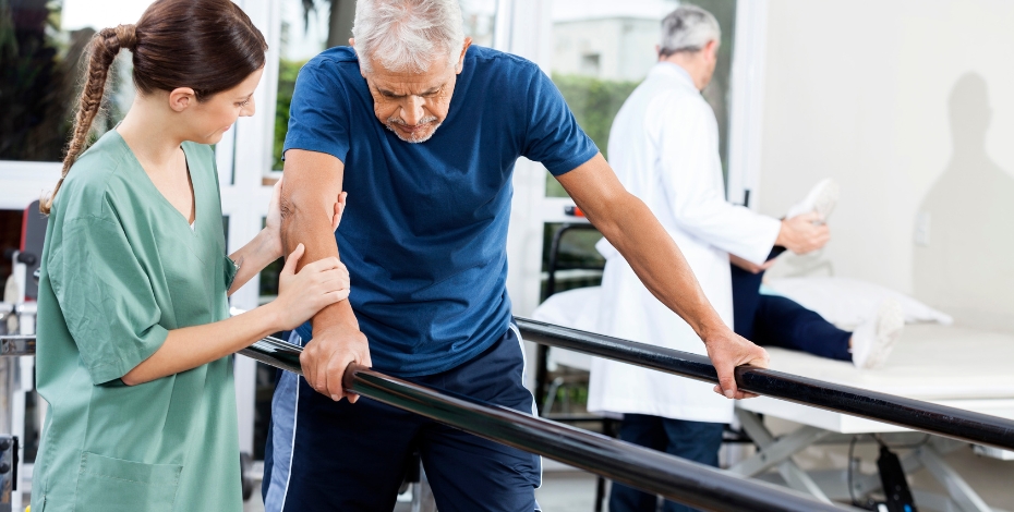 person holding two bars to assist with walking while medical professional stands to the left providing assistance