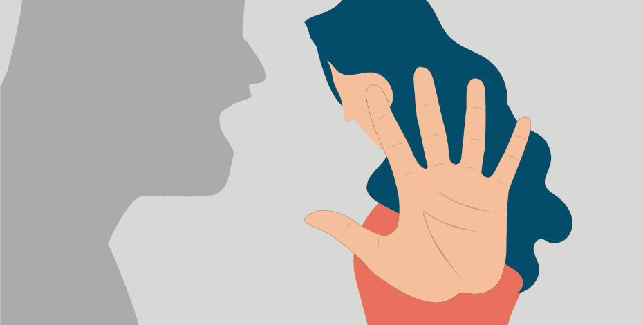 An illustration with the silhouette of a man facing a woman and yelling. The woman has her hand out to say STOP. 